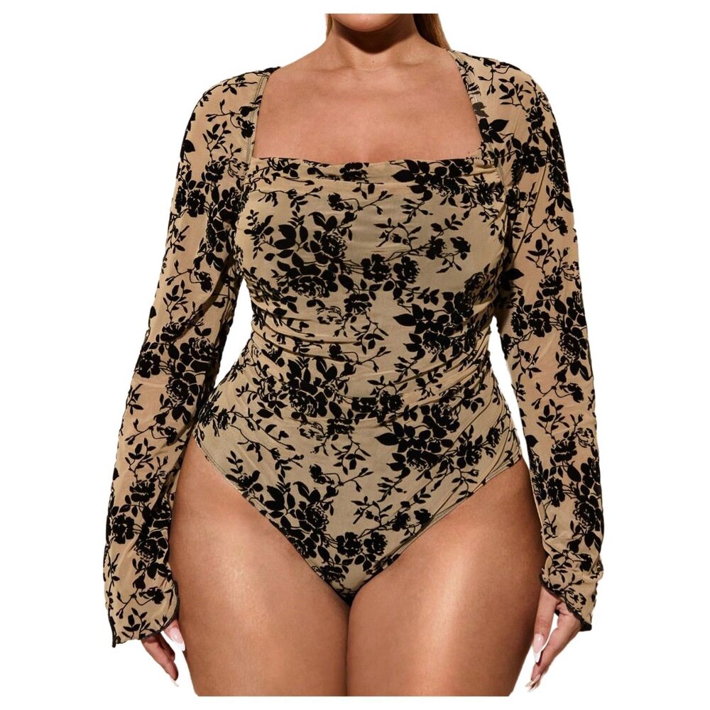 Raised Velvet Floral Bell Sleeve Mesh Bodysuit (4XL)